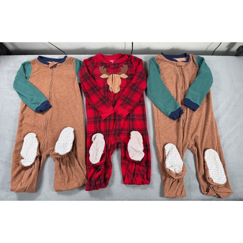 Lot of 3 Carters Boys Footed Pajamas Sleepers Fleece 5T Colorblock Christmas